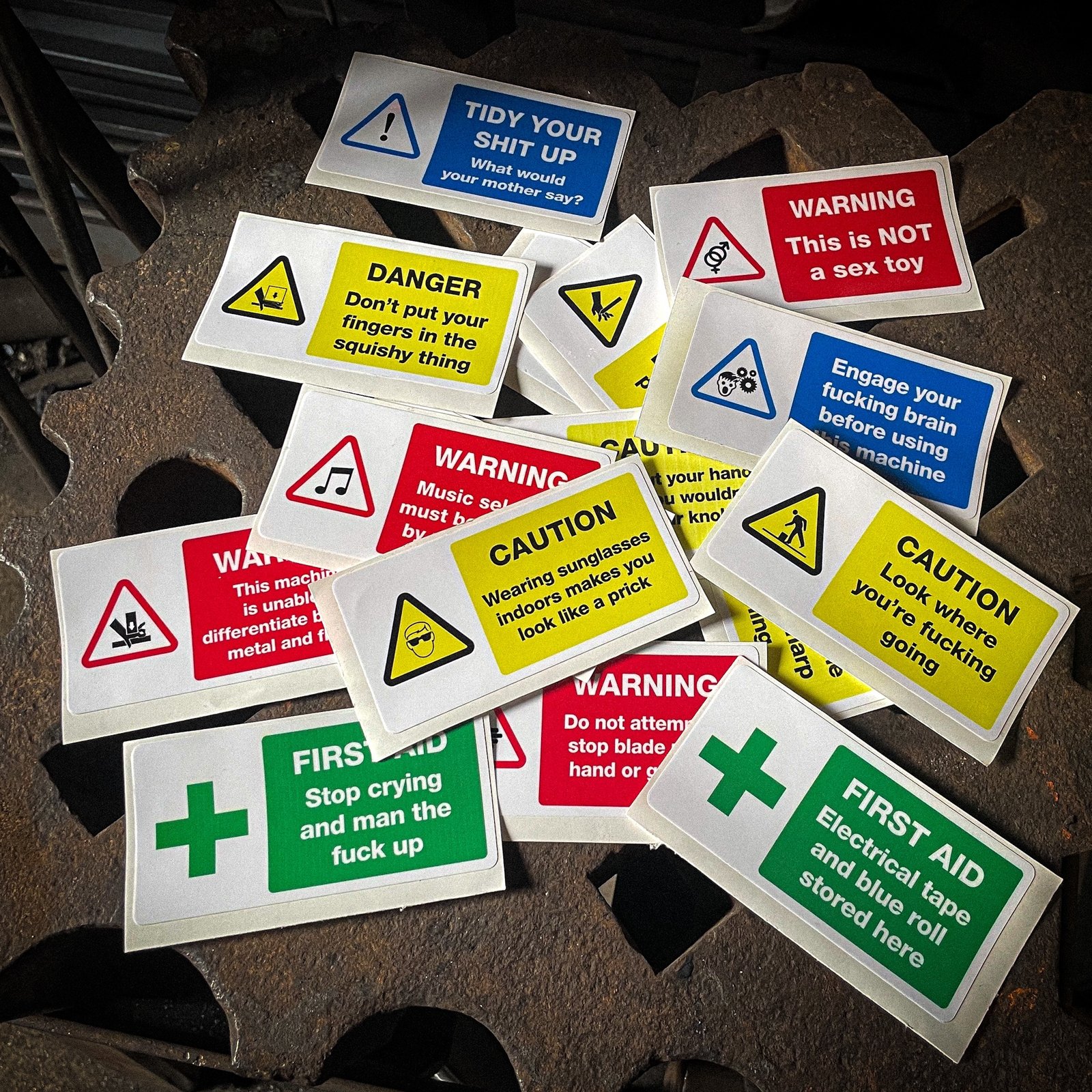 Funny workshop "safety" stickers